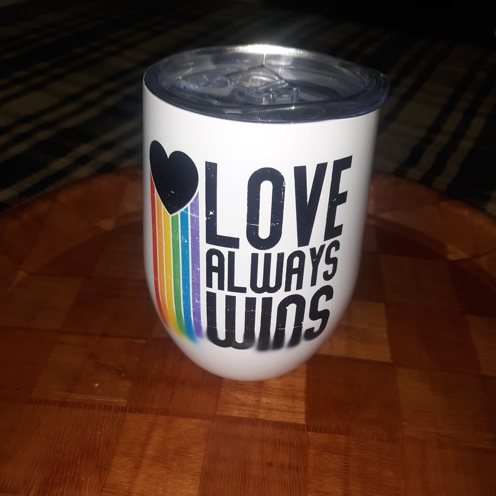 White Enamel Stainless Steel "Love Always Wins" wine cup/tumbler